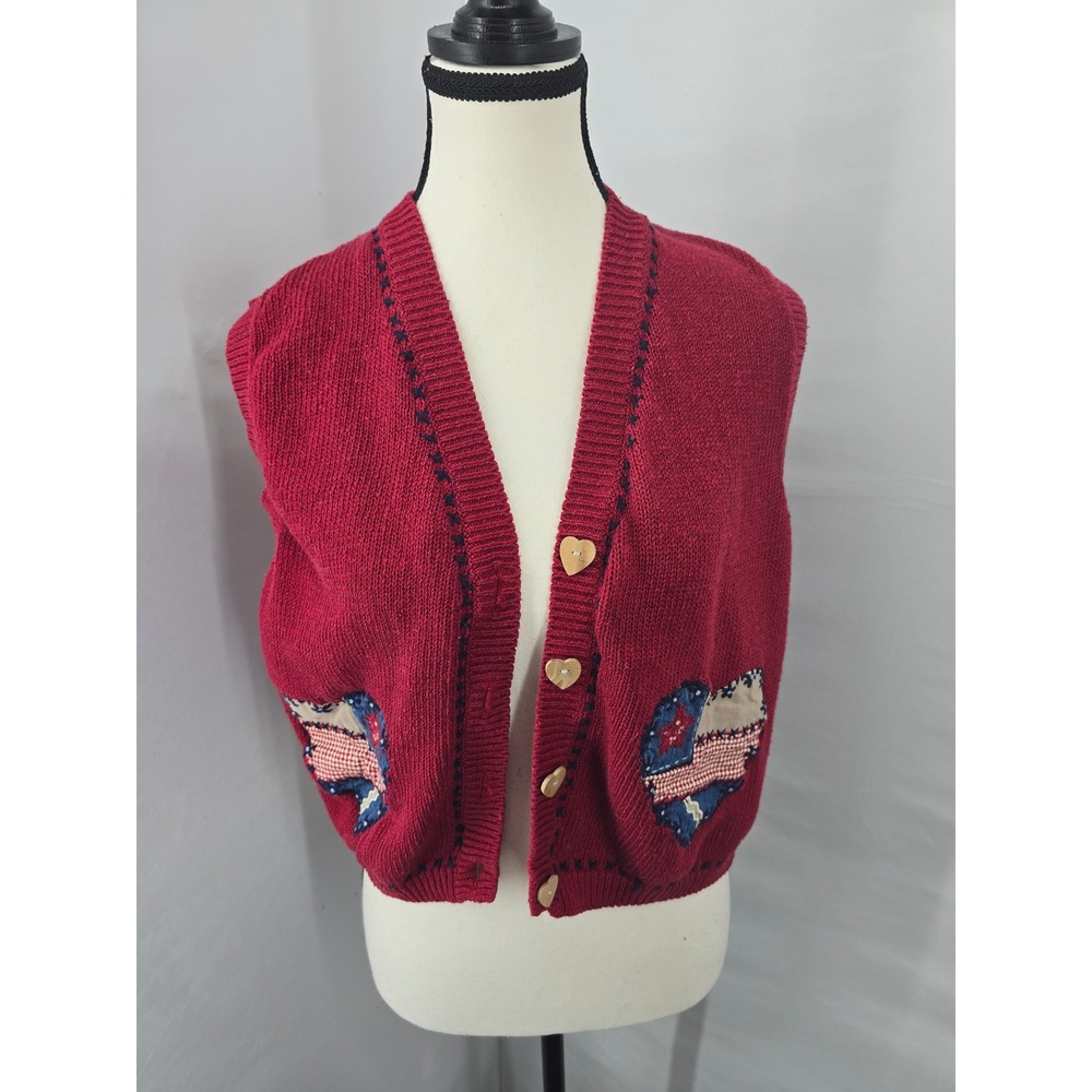 Robin Sinkler Vintage Red Knit Sweater Vest Patchwork Hearts Americana Medium